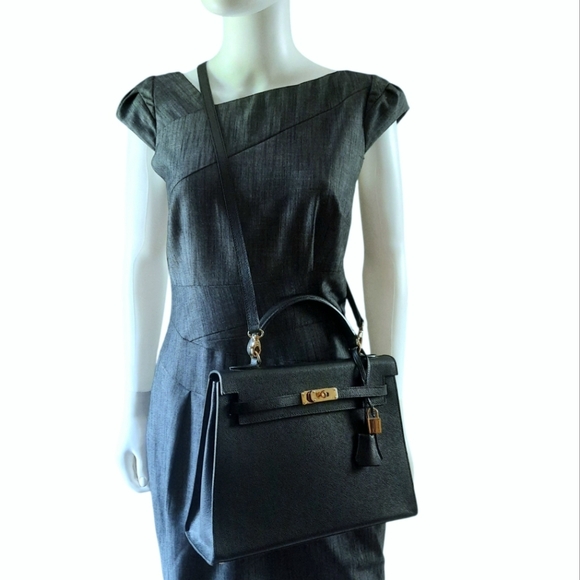 Vtg Black Epsom Leather Kelly Bag w/Clochette Lock Key & Strap GHW 32cm Italy - Picture 5 of 15